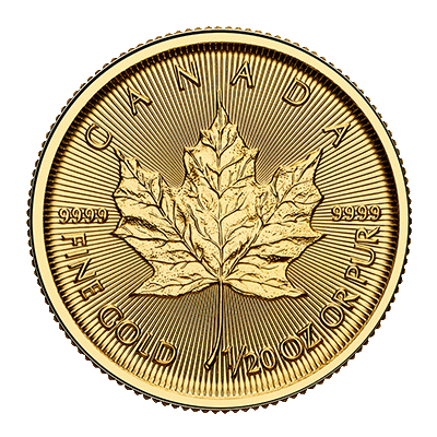 A picture of a 1/20 oz Gold Maple Leaf Coin (2025)